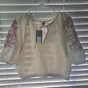 Universal Thread Cream Peasant Blouse with Red Sleeve Embroidery